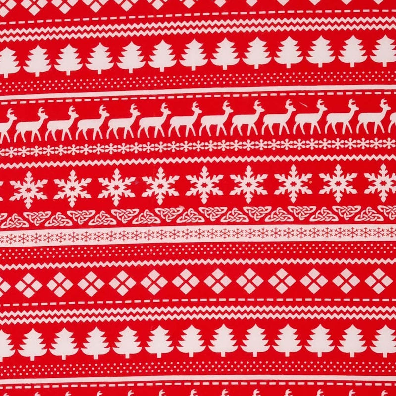 A white scandinavian style design printed on a red christmas polycotton fabric