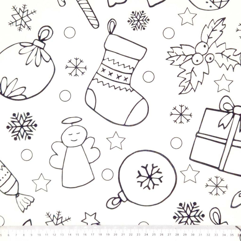 Christmas scene printed on a white cotton fabric by Little Johnny with a cm ruler