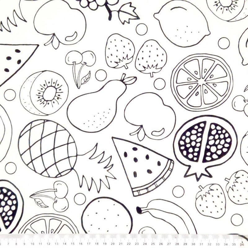 Fruit printed on a white cotton fabric by Little Johnny with a cm ruler.