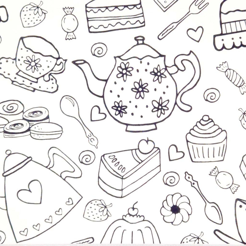 Tea party scene printed on a white cotton fabric by Little Johnny.