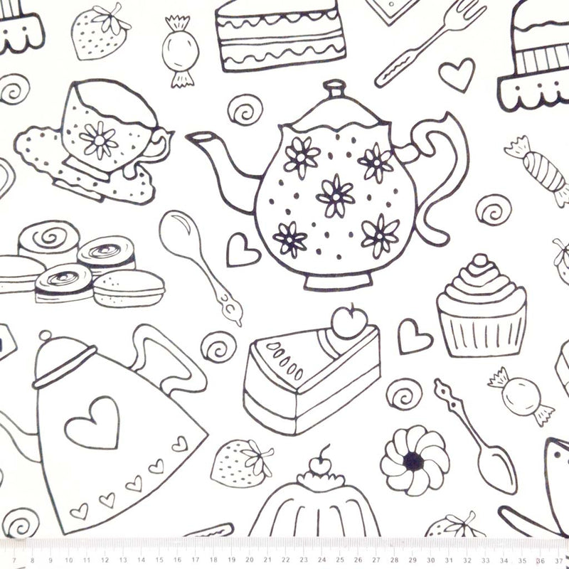 Tea party scene printed on a white cotton fabric by Little Johnny with a cm ruler.