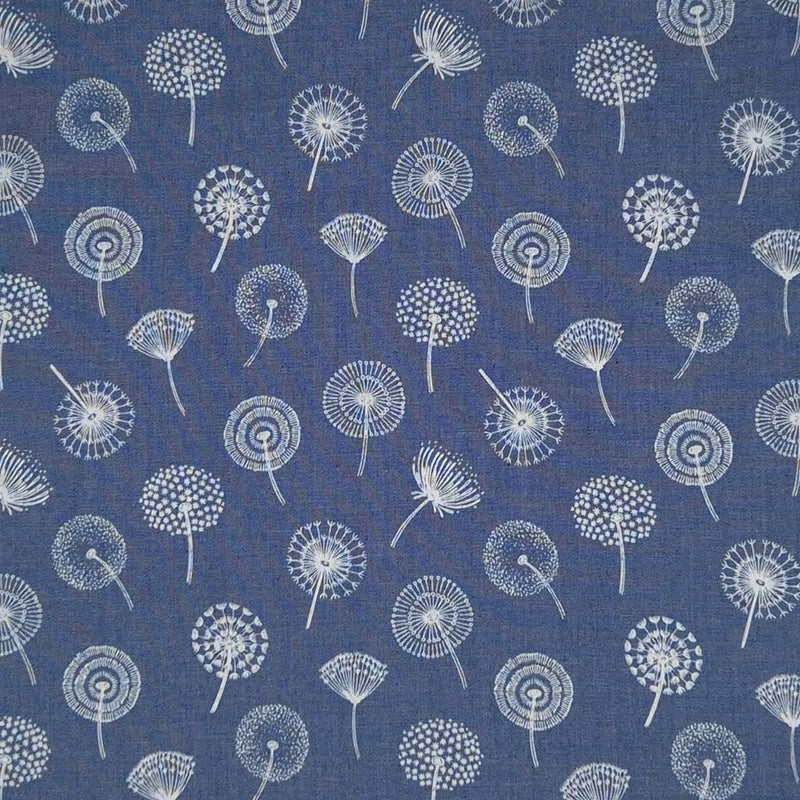 Dandelions printed on a denim chambray fabric