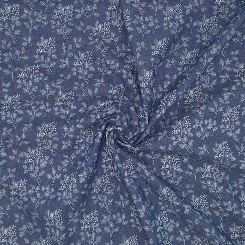 Floral fern design printed on a cotton denim chambray fabric