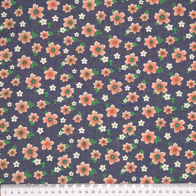 Cotton denim chambray with peach flower print with a cm ruler