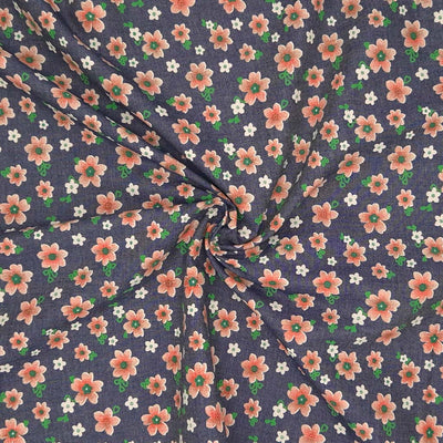 Cotton denim chambray with peach flowe print