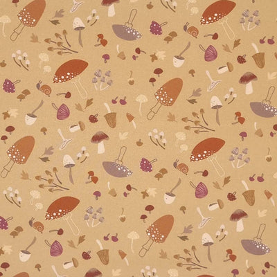 Scattered wild mushrooms and snails are printed on a light burnt orange 100% cotton by Lewis & Irene