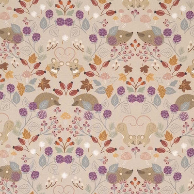 Beautiful mice and hedgehogs hiding in berries, mushrooms, and autumnal leaves printed on a light taupe 100% cotton by Lewis & Irene
