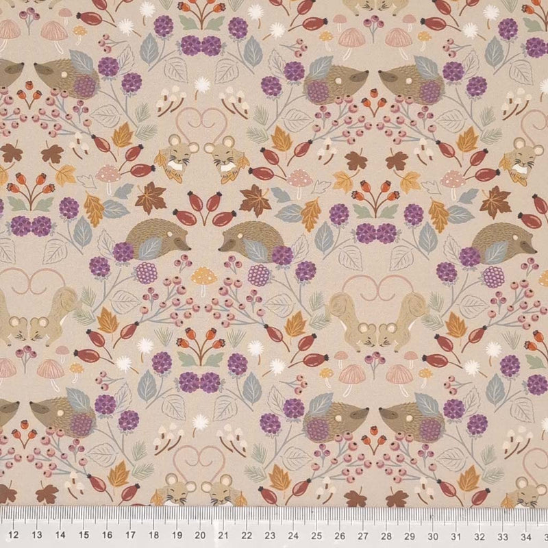Beautiful mice and hedgehogs hiding in berries, mushrooms, and autumnal leaves printed on a light taupe 100% cotton by Lewis & Irene with a cm ruler