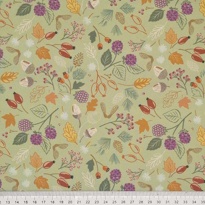 Blackberries and acorns printed on a sage green cotton fabric