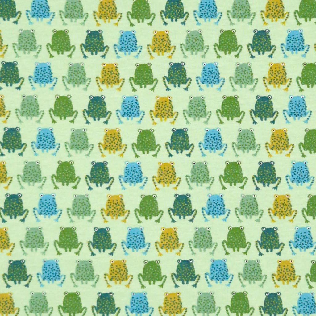 Blue green and yellow frogs printed on a cotton jersey fabric