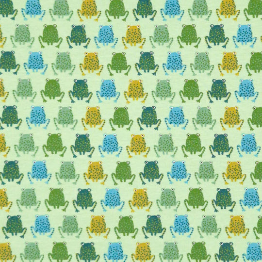 Blue green and yellow frogs printed on a cotton jersey fabric