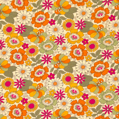 A retro floral design printed on a cream cotton jersey fabric