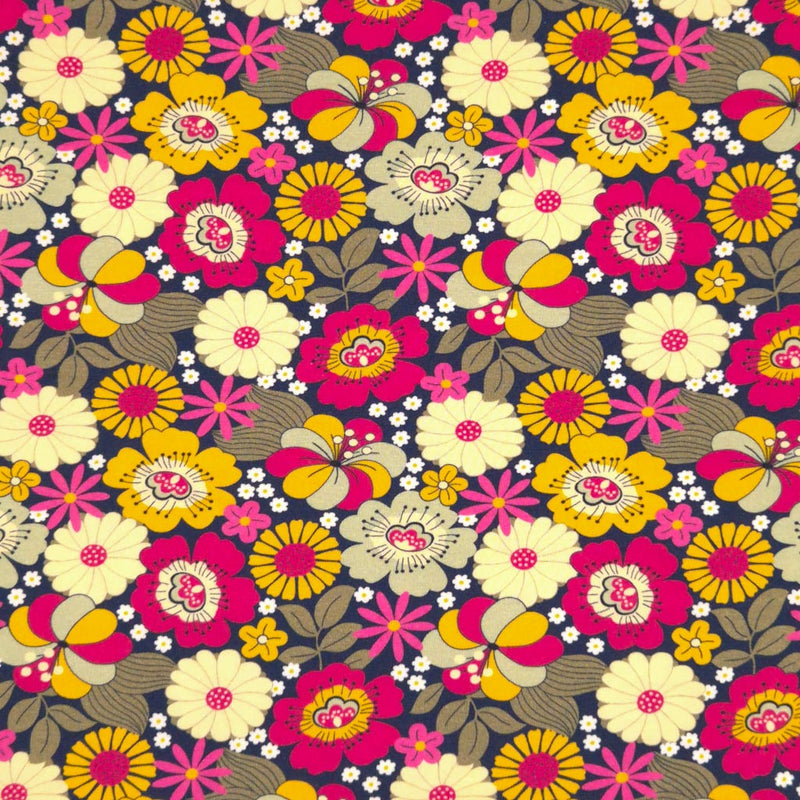 A retro floral design printed on a navy cotton jersey fabric