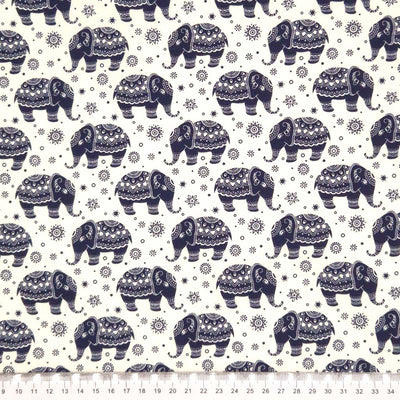 Elephant Parade - 100% Cotton Poplin - Navy on Ivory