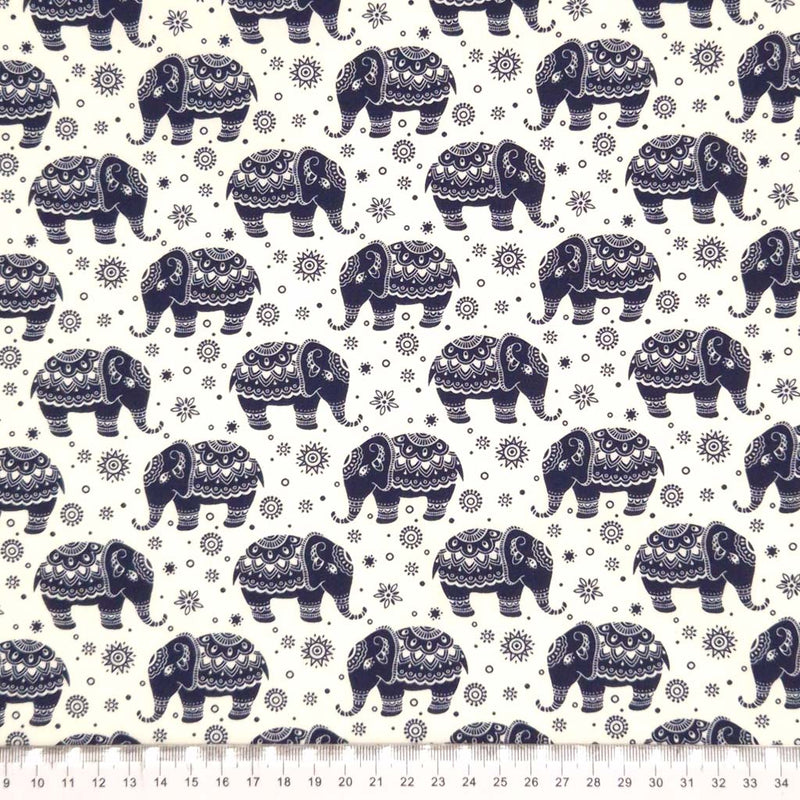 Elephant Parade - 100% Cotton Poplin - Navy on Ivory