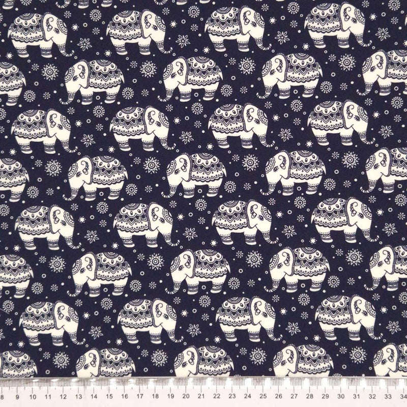 Elephant Parade - 100% Cotton Poplin - Ivory on Navy