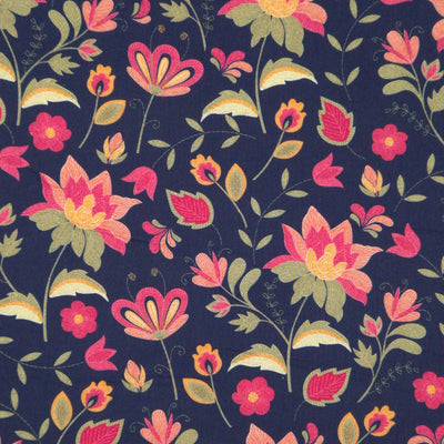 Folk floral printed on a navy cotton viscose blend