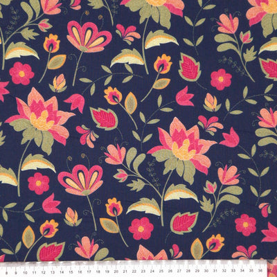 Folk floral printed on a navy cotton viscose blend with a cm ruler