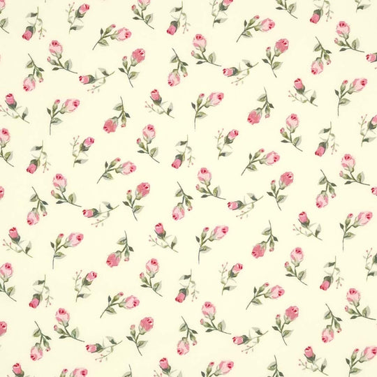 A ditsy pink flower printed on a cream cotton poplin fabric by Rose & Hubble