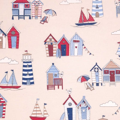 Beach huts printed on a cream half panama fabric