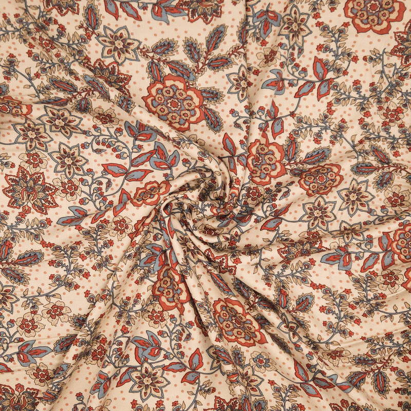 Floral pattern with red, orange, and blue flowers on a beige viscose fabric