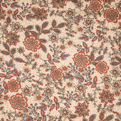 Floral pattern with red, orange, and blue flowers on a beige viscose fabric