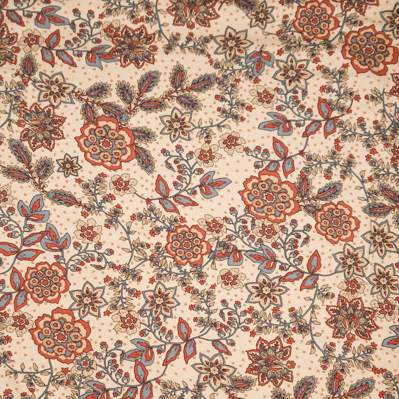 Floral pattern with red, orange, and blue flowers on a beige viscose fabric