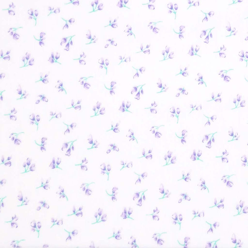 Pattern of small purple flowers on a white background