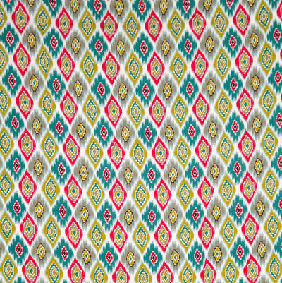 Patterned fabric with geometric design in red, yellow, and green on a blue viscose fabric
