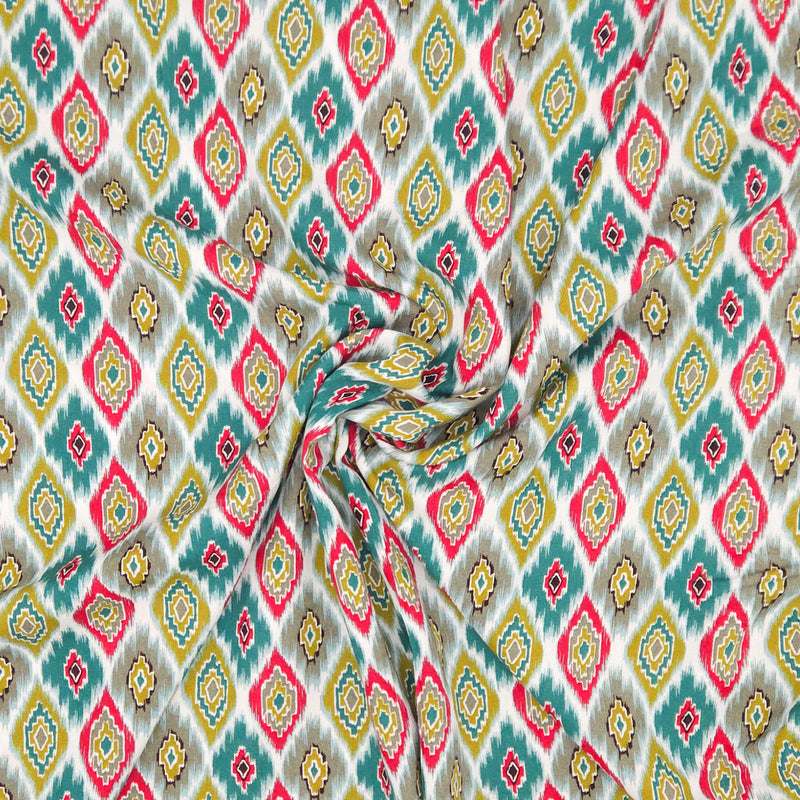 Colorful patterned viscose fabric with geometric design