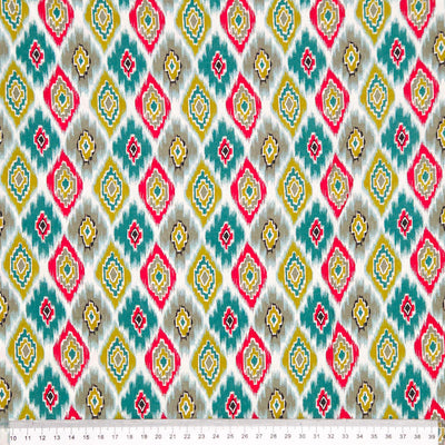 Colorful geometric pattern viscose fabric with a ruler at the bottom