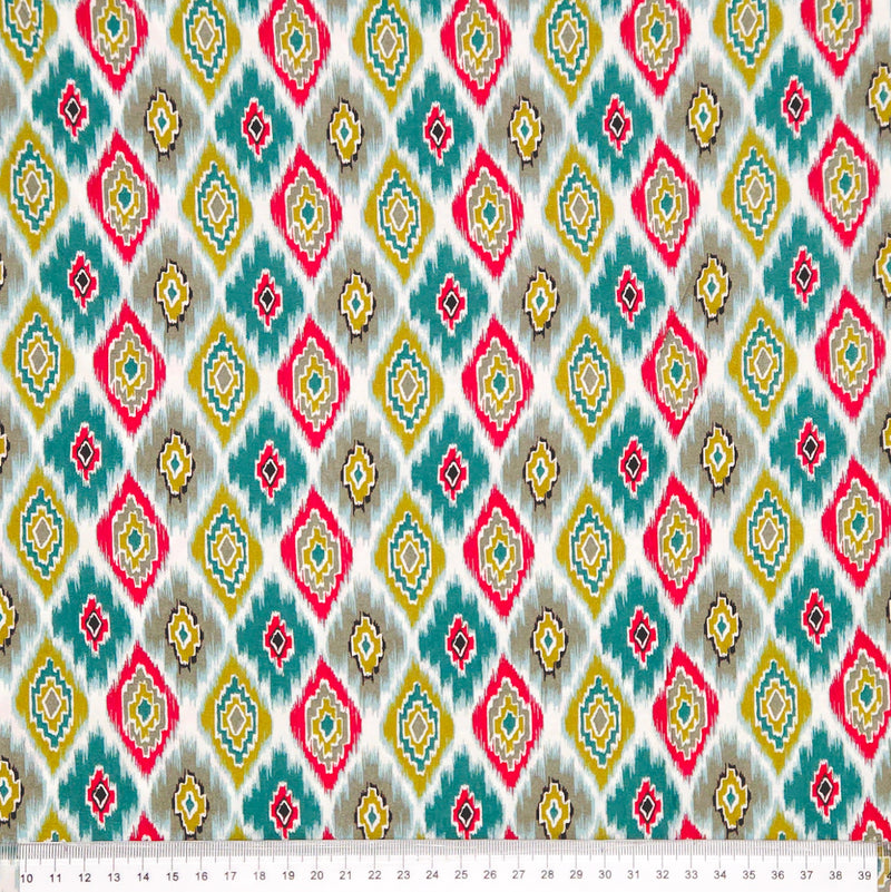Colorful geometric pattern viscose fabric with a ruler at the bottom