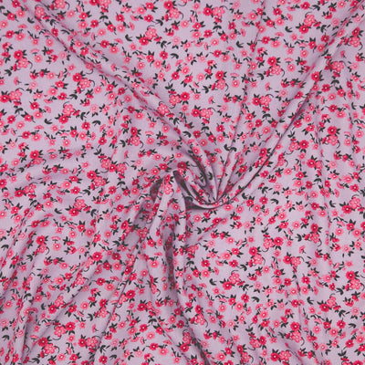 Floral pattern with pink flowers on a light gray viscose fabric