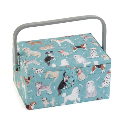 Sewing box covered in turquoise dog printed fabric - closed