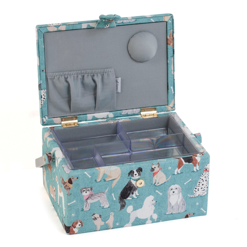 Sewing box covered in turquoise dog printed fabric - open