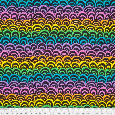 A colourful doodle rainbow print on a black polycotton fabric with a cm ruler