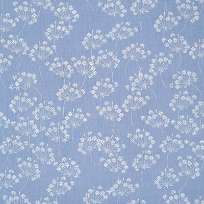 Beige mini bouquets printed on a pale blue double gauze fabric
