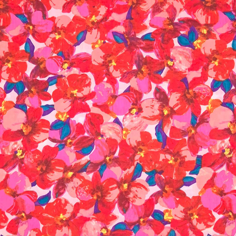 Rich red and pink petals printed on a pima cotton lawn