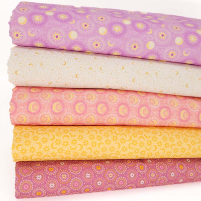 Cotton fat quarter bundle of 5 cosmic designs in pastel lilac and salmon colours