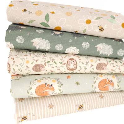 Cotton fat quarter bundle of five hedgehog, fox, sheep and bee designs