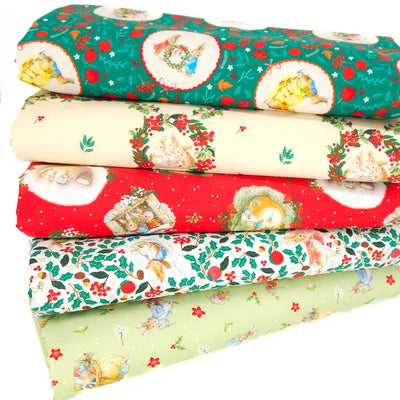 A cotton fat quarter bundle with festive Peter Rabbit designs