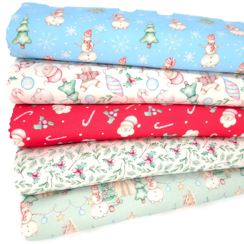 Stack of Christmas-themed fabric fat quarters