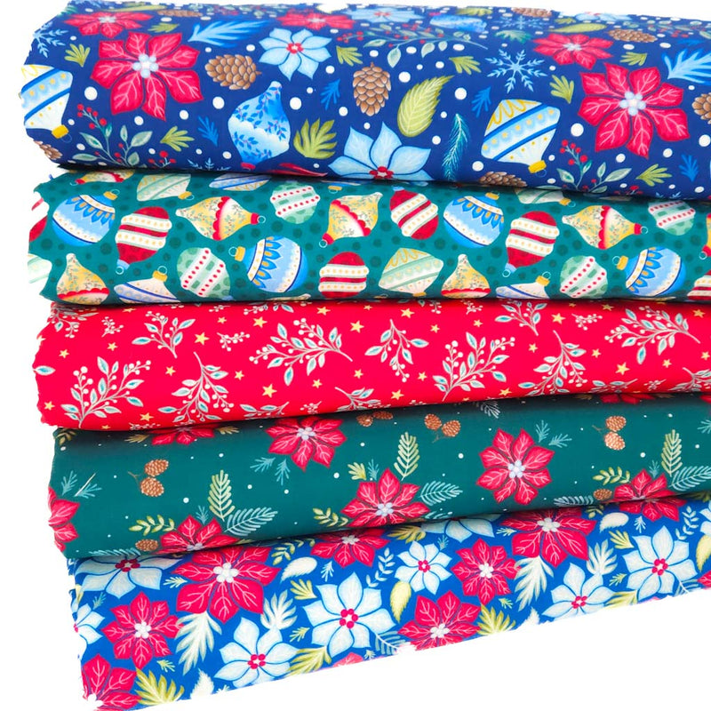 A fat quarter bundle with brightly coloured christmas themed fabrics