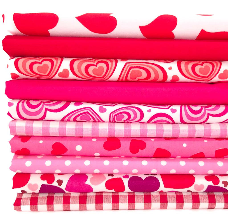 A valentine themed fat quarter bundle of 10 polycotton prints with hearts, spots and gingham