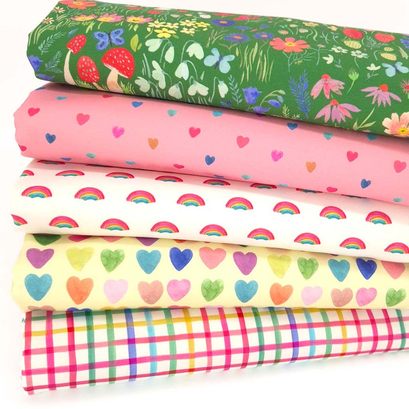 A fat quarter bundle of five cotton quilting fabrics with garden themed prints in bright colourways