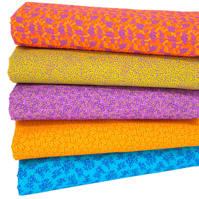 A cotton fat quarter bundle with bright and bold coloured ditsy leaf prints