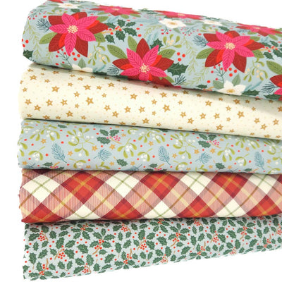 A fat quarter bundle featuring poinsettia on a duck egg christmas cotton quilting fabric