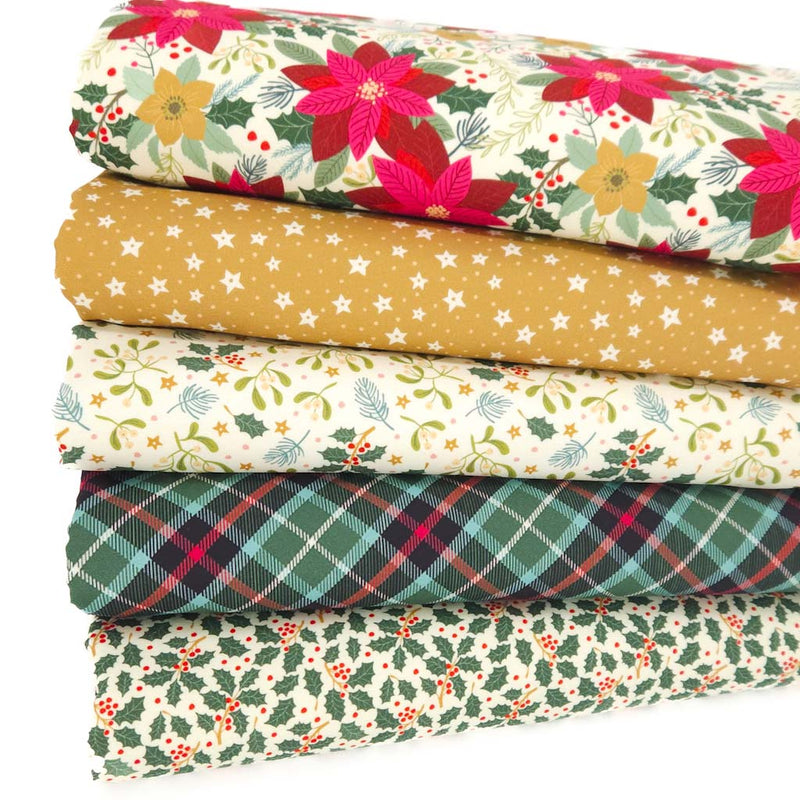 A christmas fat quarter bundle of five poinsettia and tartan themed cotton quilting fabrics