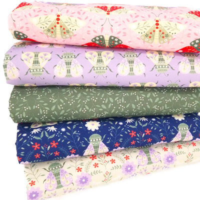 A pretty floral and butterfly themed fat quarter bundle of designs printed on 100% cotton fabrics