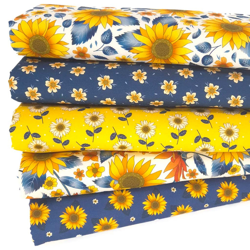 A fat quarter bundle with five sunflower fabric prints